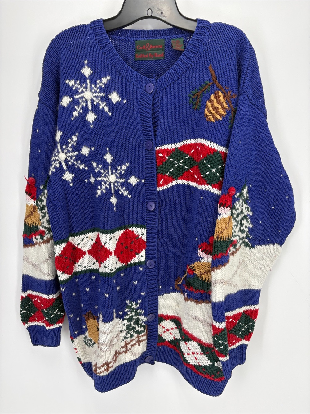🥝 croft & barrow Blue Holiday Snowflake & Pinecone Knit Cardigan sledding